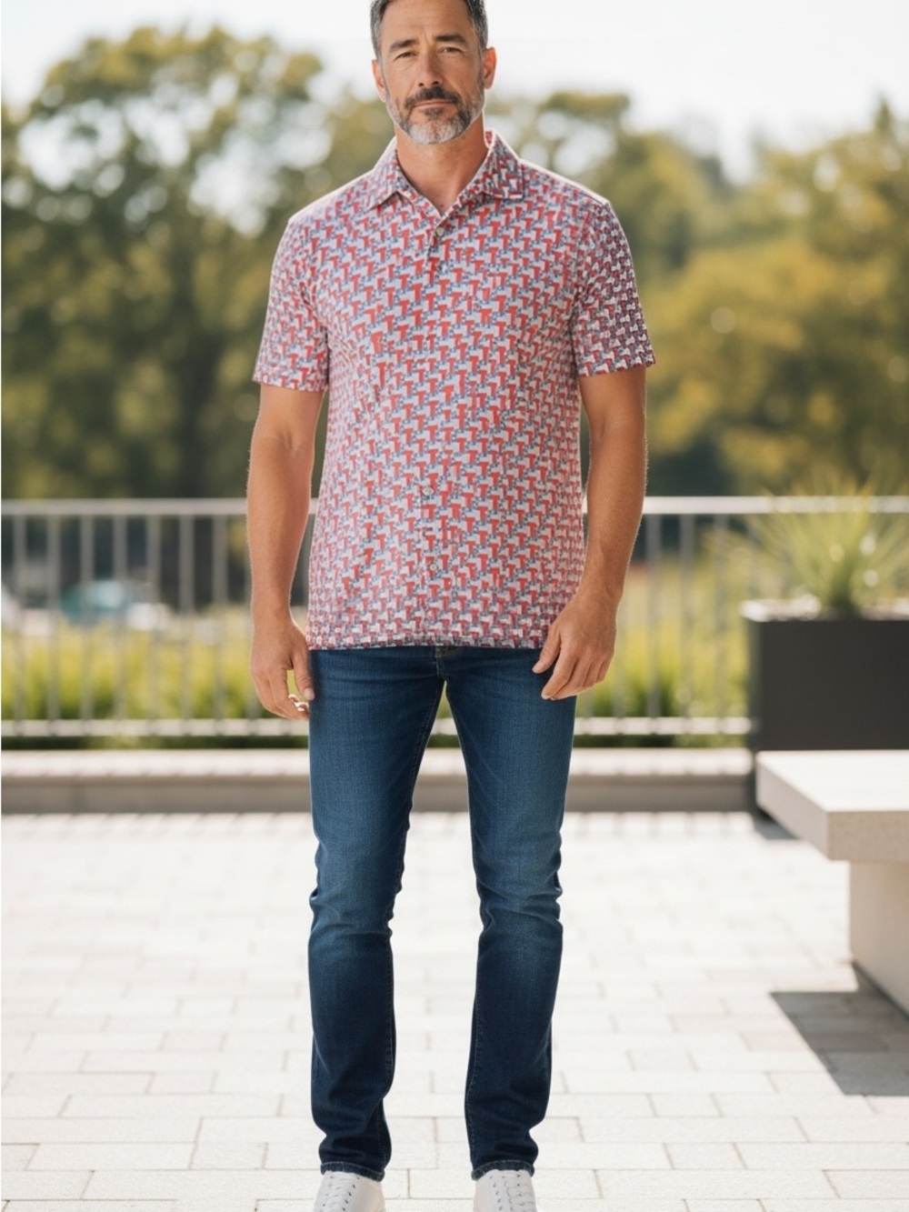 BURLEBO Texas Red and White Geo-Print Short Sleeve Polo